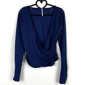 Free People Blue Textured Plunge Neck Wrap Long Sleeve Top Size M